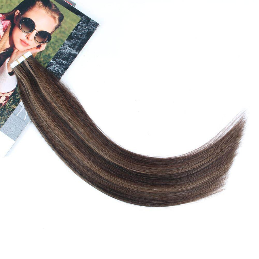 Remy Tape-In Hair Extension P #2/#4/#6 Dark Brown Highlights Chestnut Brown