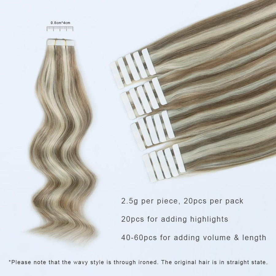 Remy Tape-In Hair Extension P #8/#60 Ash Brown Highlights Platinum Blonde