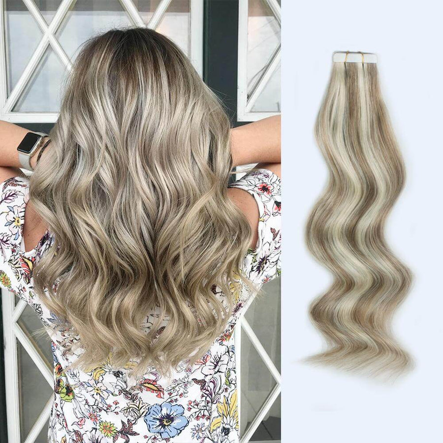 Remy Tape-In Hair Extension P #8/#60 Ash Brown Highlights Platinum Blonde