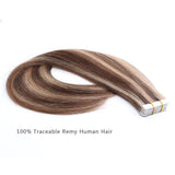 Remy Tape-In Hair Extension P #4/#12 Medium Brown Highlights Golden Brown