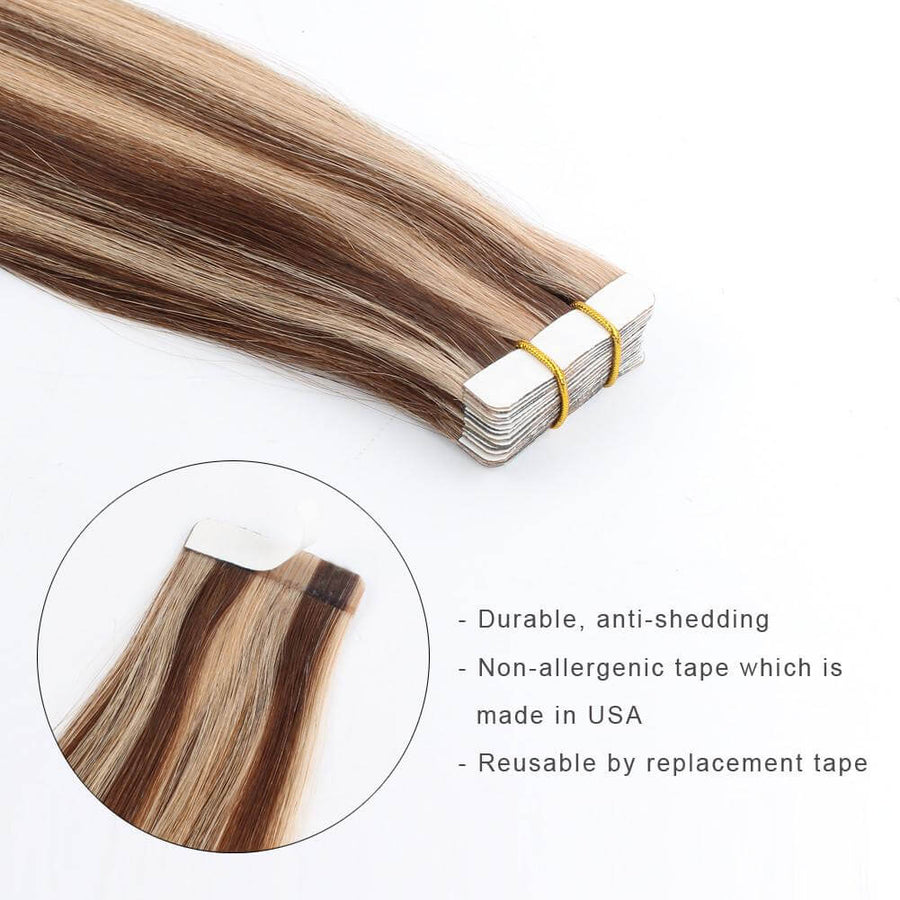 Remy Tape-In Hair Extension P #4/#12 Medium Brown Highlights Golden Brown